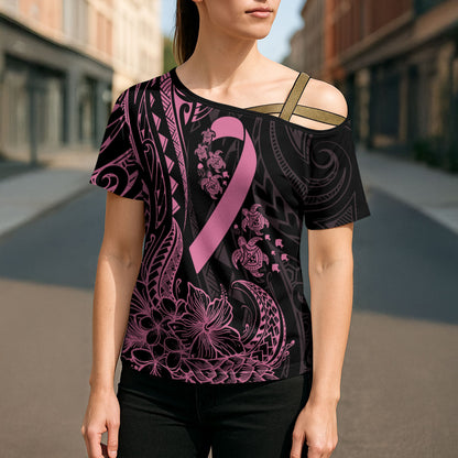 Polynesian Pink Power Cross Shoulder Shirt Breast Cancer Ribbon Turtle and Flowers