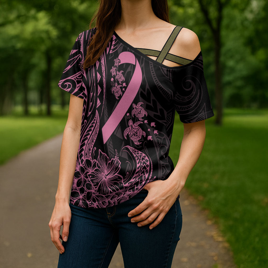 Polynesian Pink Power Cross Shoulder Shirt Breast Cancer Ribbon Turtle and Flowers