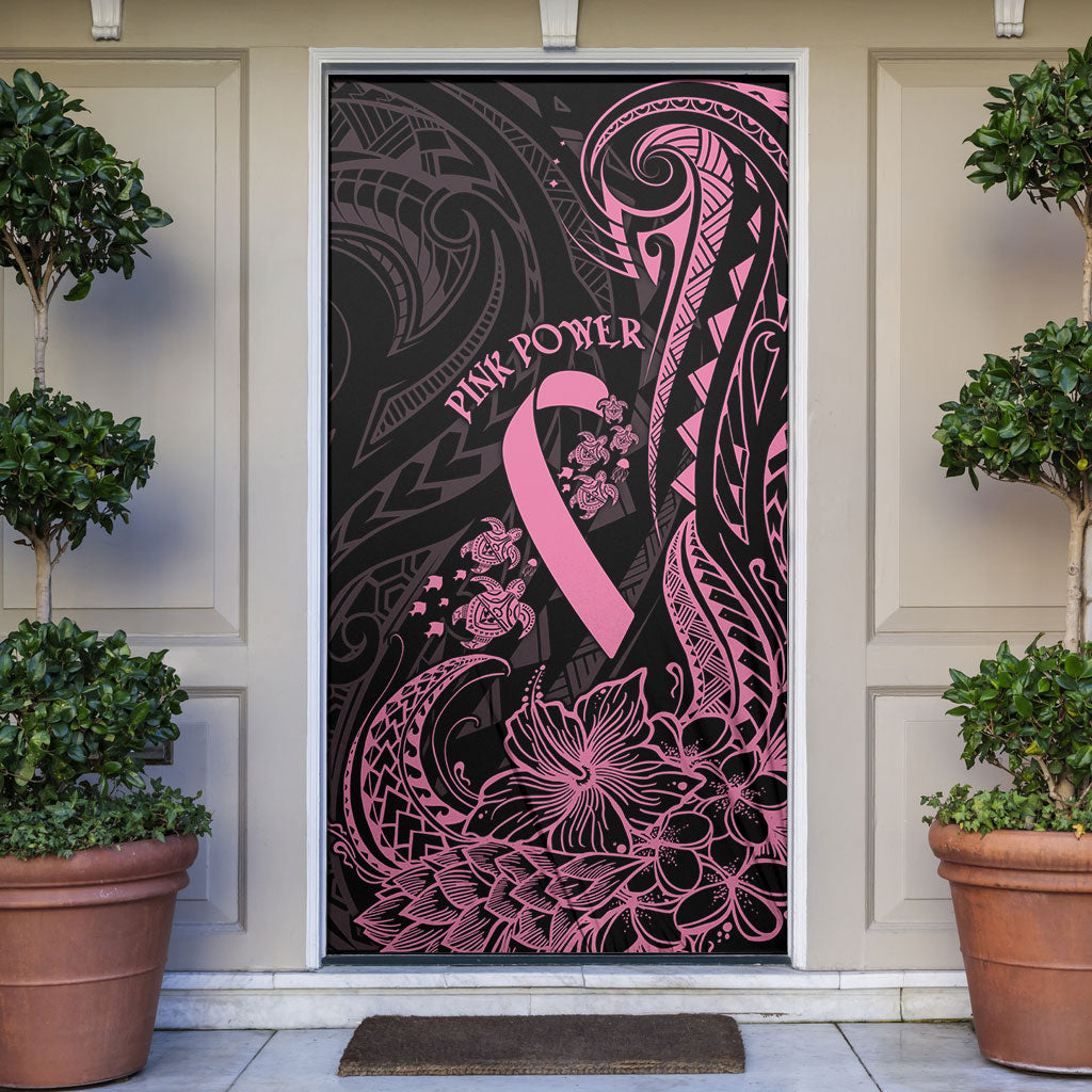 Polynesian Pink Power Door Cover Breast Cancer Ribbon Turtle and Flowers