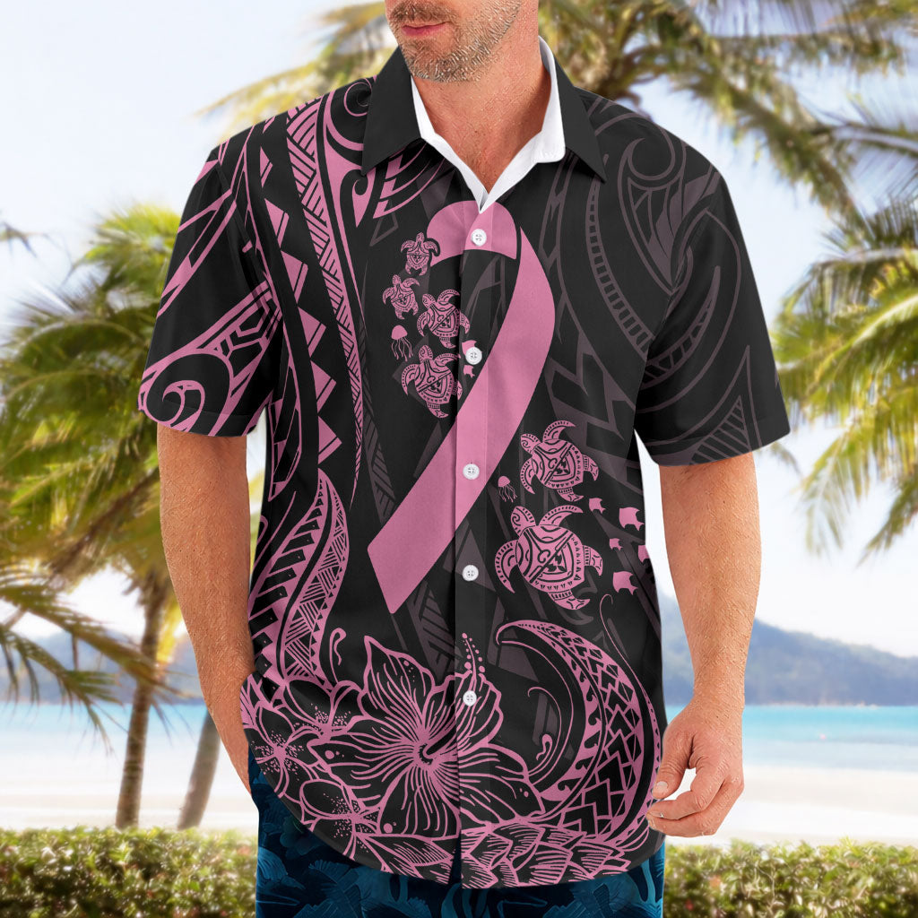 Polynesian Pink Power Hawaiian Shirt Breast Cancer Ribbon Turtle and Flowers