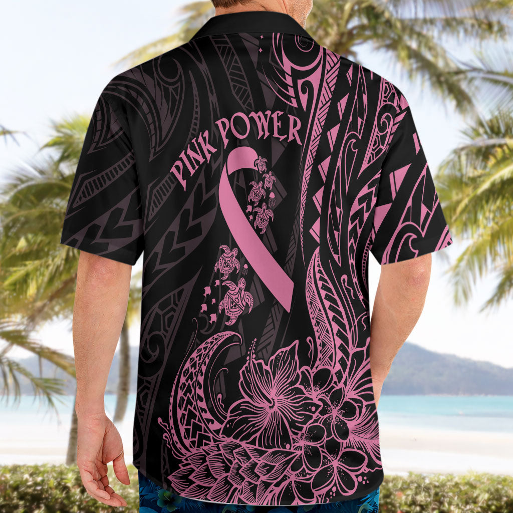 Polynesian Pink Power Hawaiian Shirt Breast Cancer Ribbon Turtle and Flowers