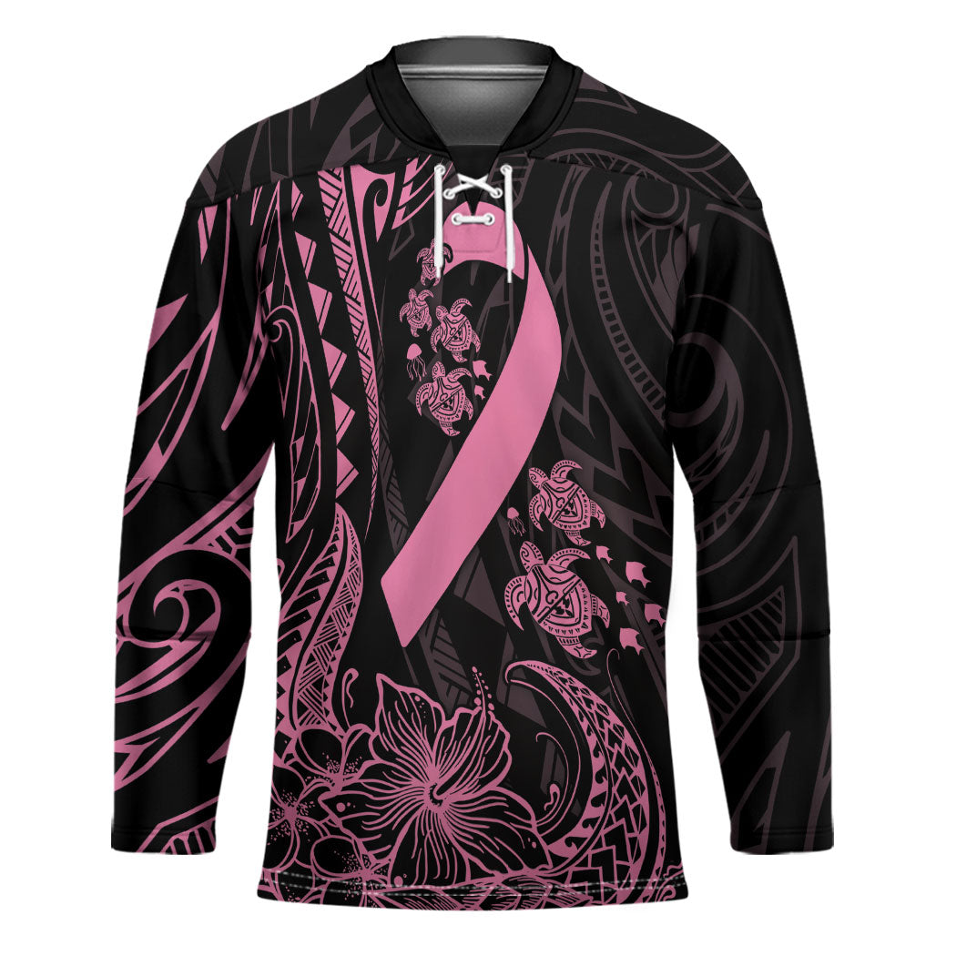 Polynesian Pink Power Hockey Jersey Breast Cancer Ribbon Turtle and Flowers