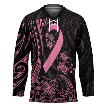 Polynesian Pink Power Hockey Jersey Breast Cancer Ribbon Turtle and Flowers