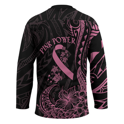 Polynesian Pink Power Hockey Jersey Breast Cancer Ribbon Turtle and Flowers