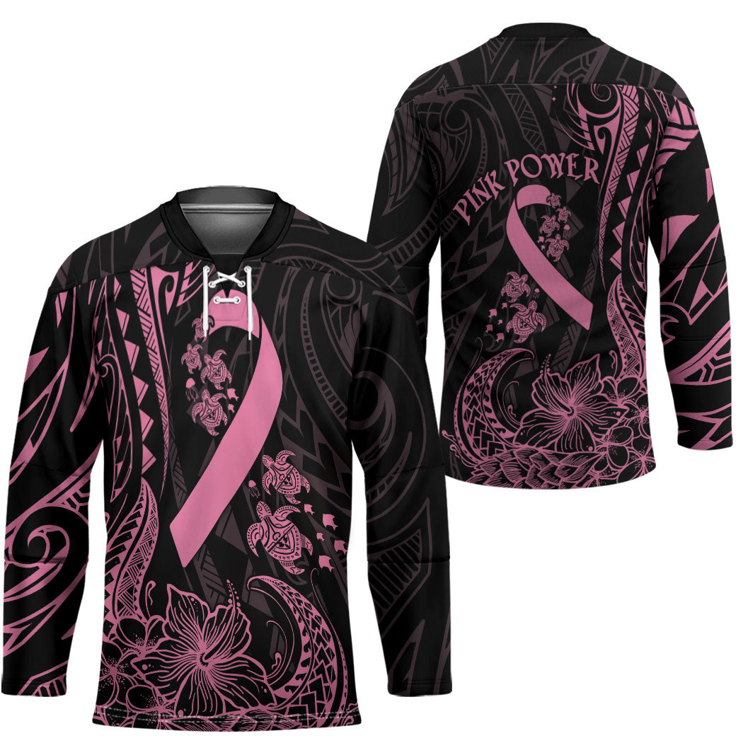 Polynesian Pink Power Hockey Jersey Breast Cancer Ribbon Turtle and Flowers