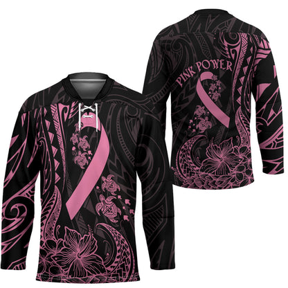 Polynesian Pink Power Hockey Jersey Breast Cancer Ribbon Turtle and Flowers