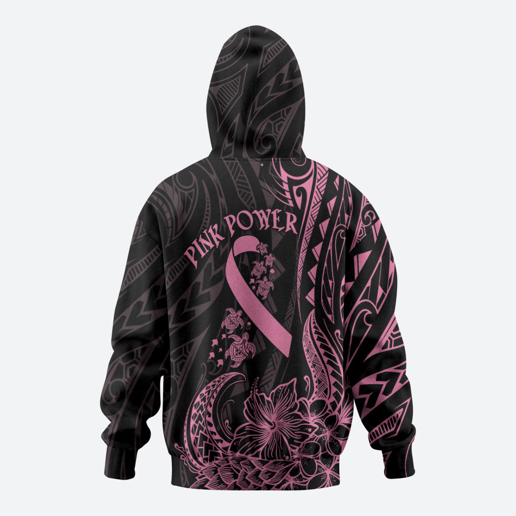 Polynesian Pink Power Hoodie Breast Cancer Ribbon Turtle and Flowers