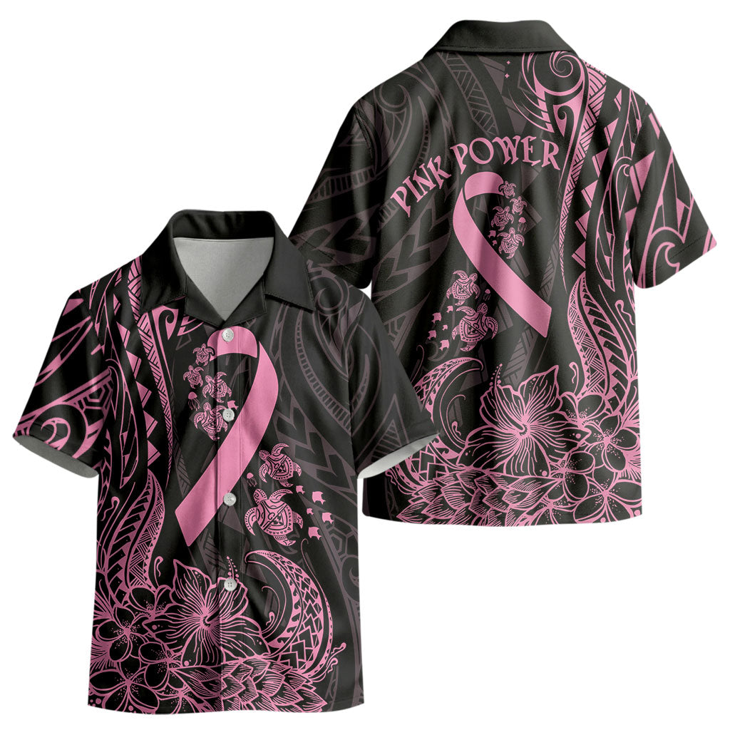 Polynesian Pink Power Kid Hawaiian Shirt Breast Cancer Ribbon Turtle and Flowers