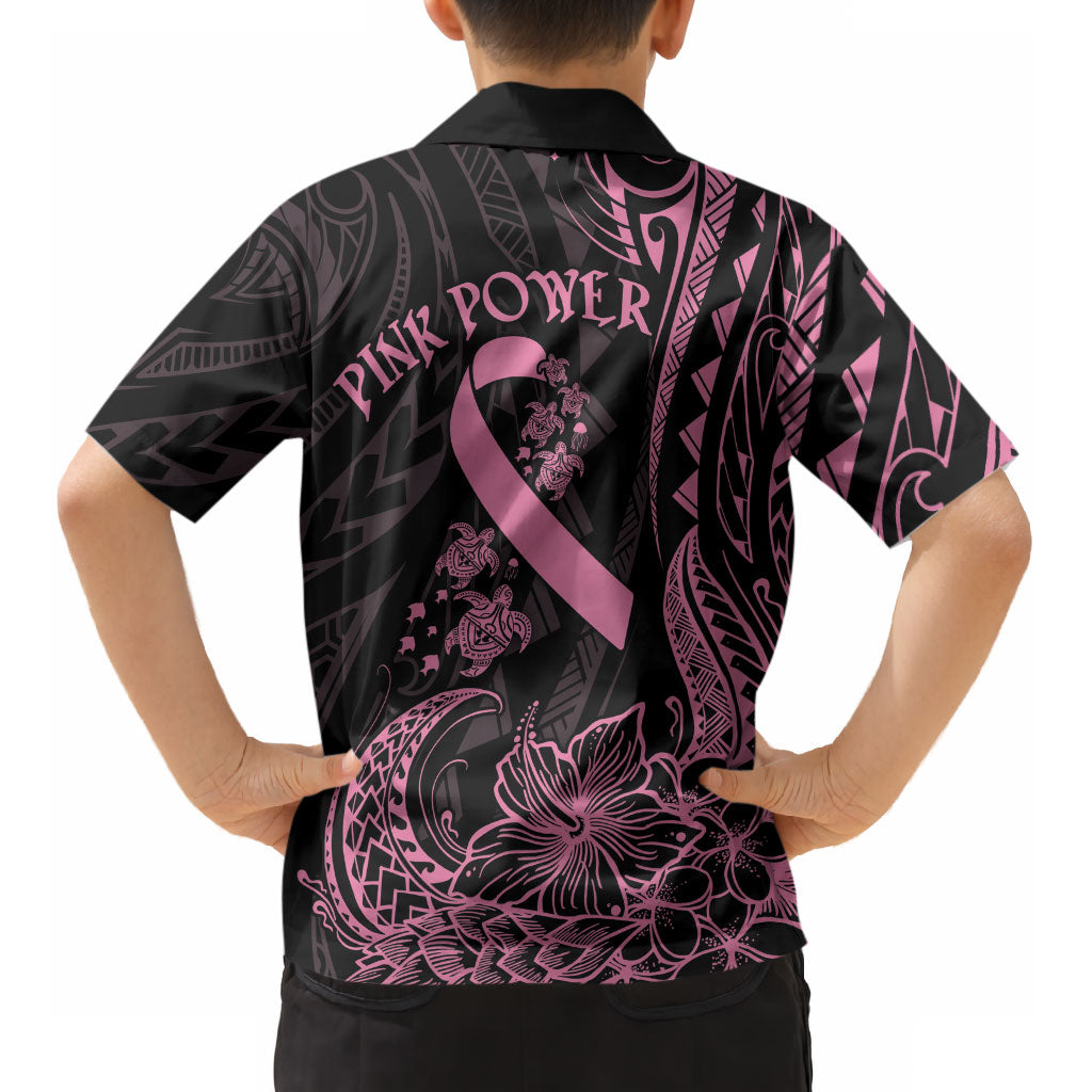 Polynesian Pink Power Kid Hawaiian Shirt Breast Cancer Ribbon Turtle and Flowers