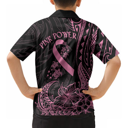 Polynesian Pink Power Kid Hawaiian Shirt Breast Cancer Ribbon Turtle and Flowers