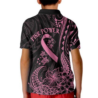 Polynesian Pink Power Kid Polo Shirt Breast Cancer Ribbon Turtle and Flowers