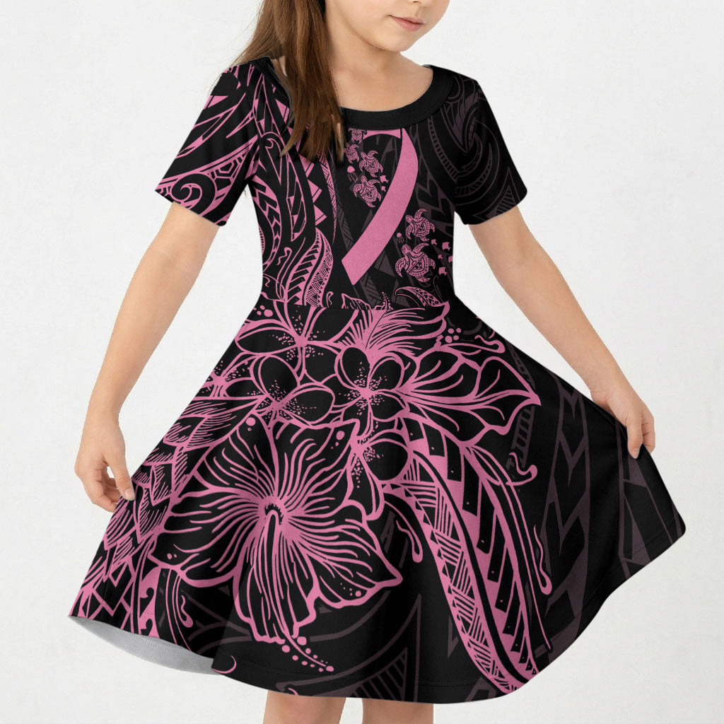 Polynesian Pink Power Kid Short Sleeve Dress Breast Cancer Ribbon Turtle and Flowers