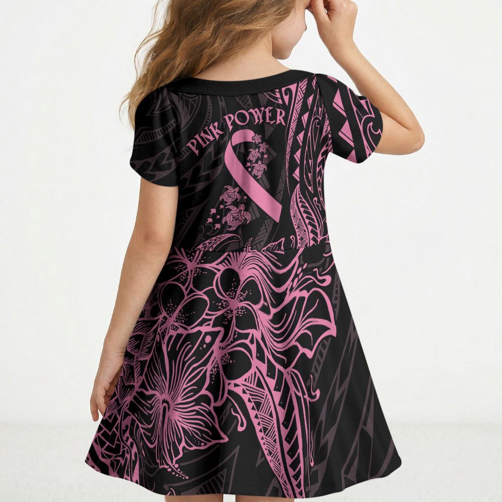 Polynesian Pink Power Kid Short Sleeve Dress Breast Cancer Ribbon Turtle and Flowers