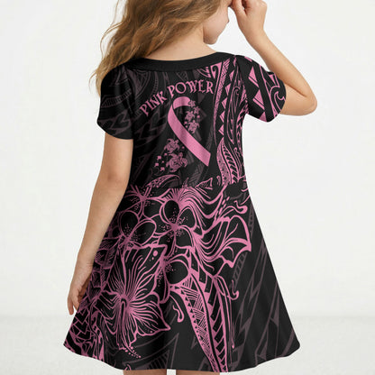 Polynesian Pink Power Kid Short Sleeve Dress Breast Cancer Ribbon Turtle and Flowers