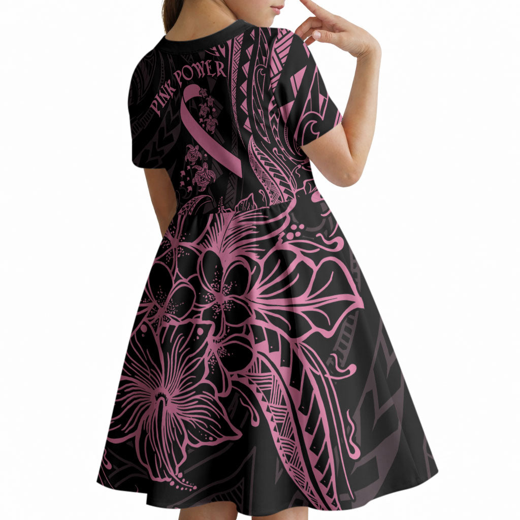 Polynesian Pink Power Kid Short Sleeve Dress Breast Cancer Ribbon Turtle and Flowers