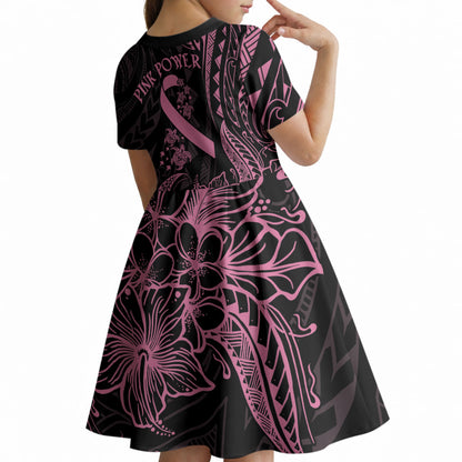 Polynesian Pink Power Kid Short Sleeve Dress Breast Cancer Ribbon Turtle and Flowers