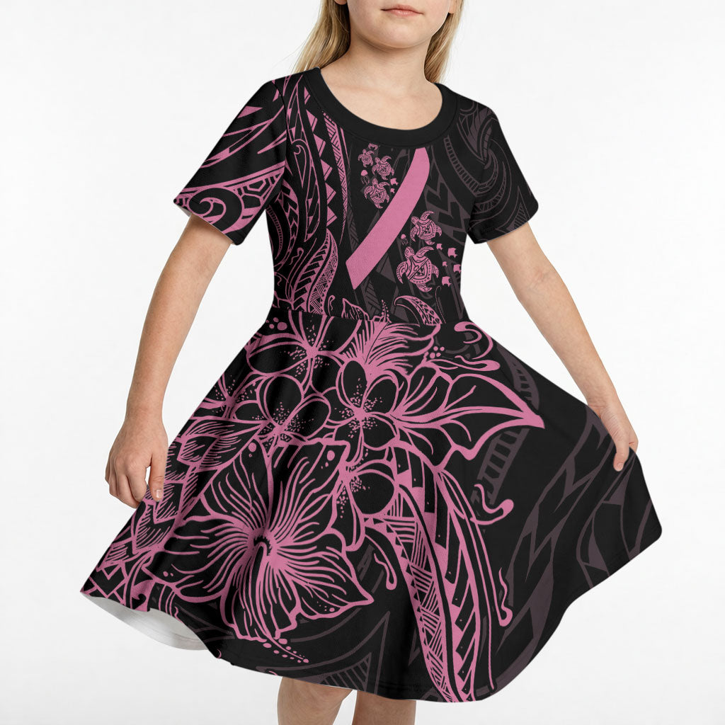 Polynesian Pink Power Kid Short Sleeve Dress Breast Cancer Ribbon Turtle and Flowers