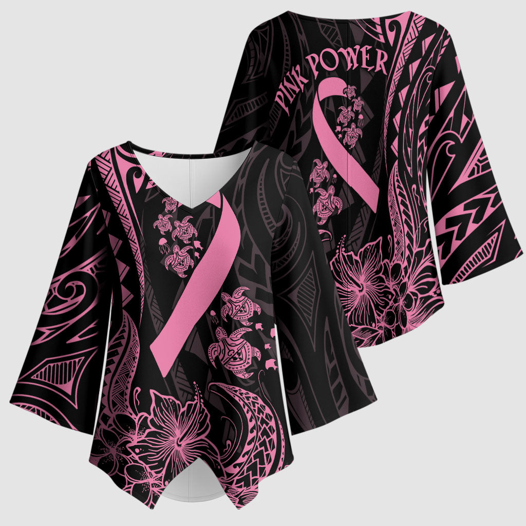 Polynesian Pink Power Kimono Sleeve Blouse Breast Cancer Ribbon Turtle and Flowers