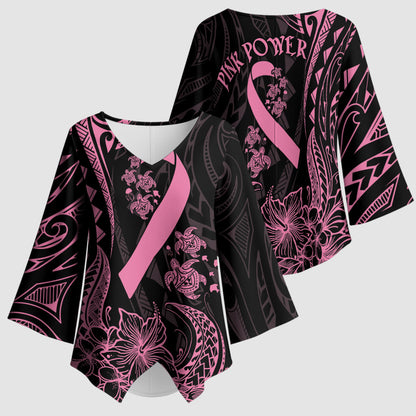 Polynesian Pink Power Kimono Sleeve Blouse Breast Cancer Ribbon Turtle and Flowers