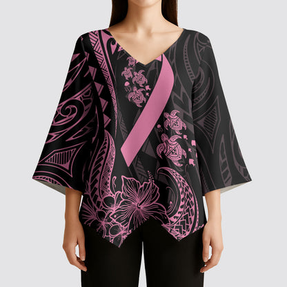 Polynesian Pink Power Kimono Sleeve Blouse Breast Cancer Ribbon Turtle and Flowers