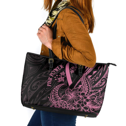 Polynesian Pink Power Leather Tote Bag Breast Cancer Ribbon Turtle and Flowers