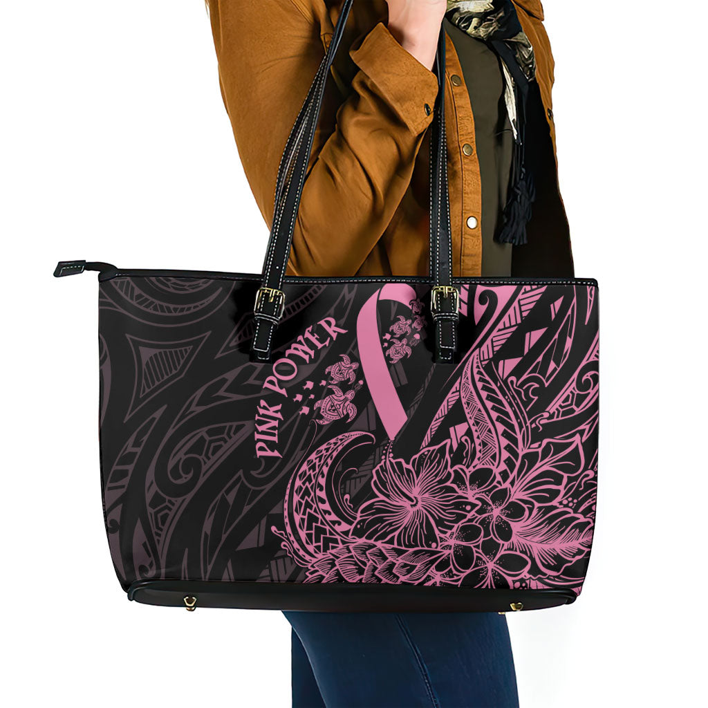 Polynesian Pink Power Leather Tote Bag Breast Cancer Ribbon Turtle and Flowers