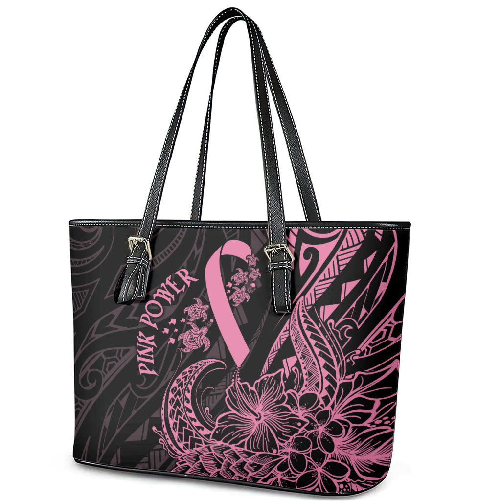 Polynesian Pink Power Leather Tote Bag Breast Cancer Ribbon Turtle and Flowers