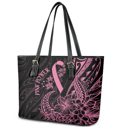 Polynesian Pink Power Leather Tote Bag Breast Cancer Ribbon Turtle and Flowers