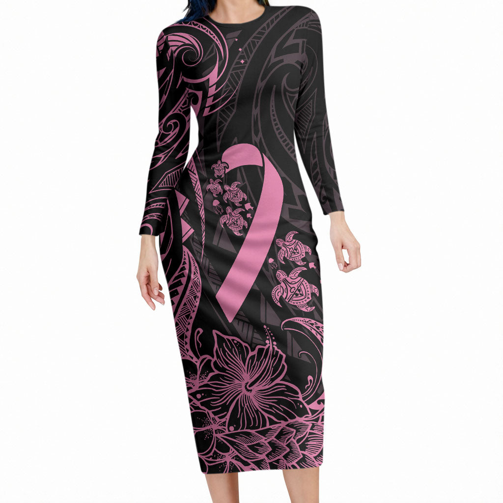 Polynesian Pink Power Long Sleeve Bodycon Dress Breast Cancer Ribbon Turtle and Flowers