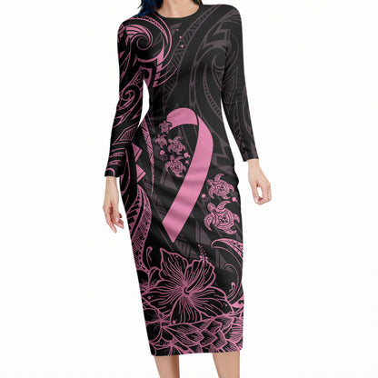 Polynesian Pink Power Long Sleeve Bodycon Dress Breast Cancer Ribbon Turtle and Flowers