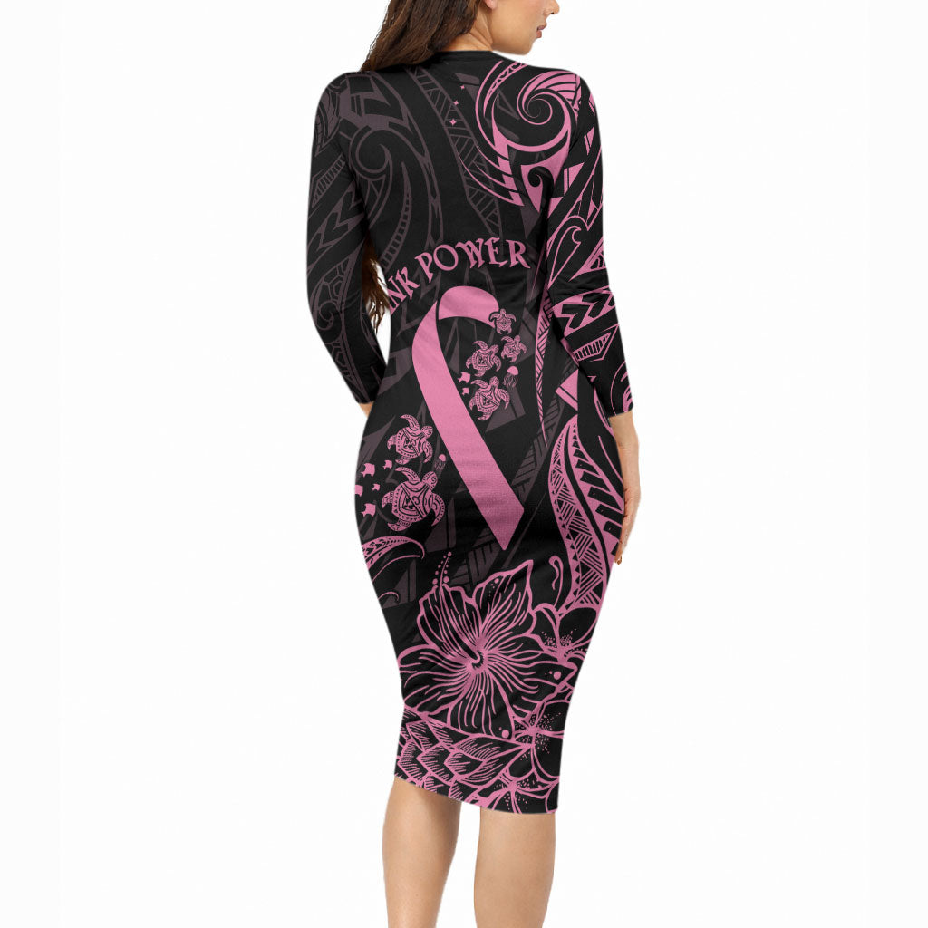 Polynesian Pink Power Long Sleeve Bodycon Dress Breast Cancer Ribbon Turtle and Flowers
