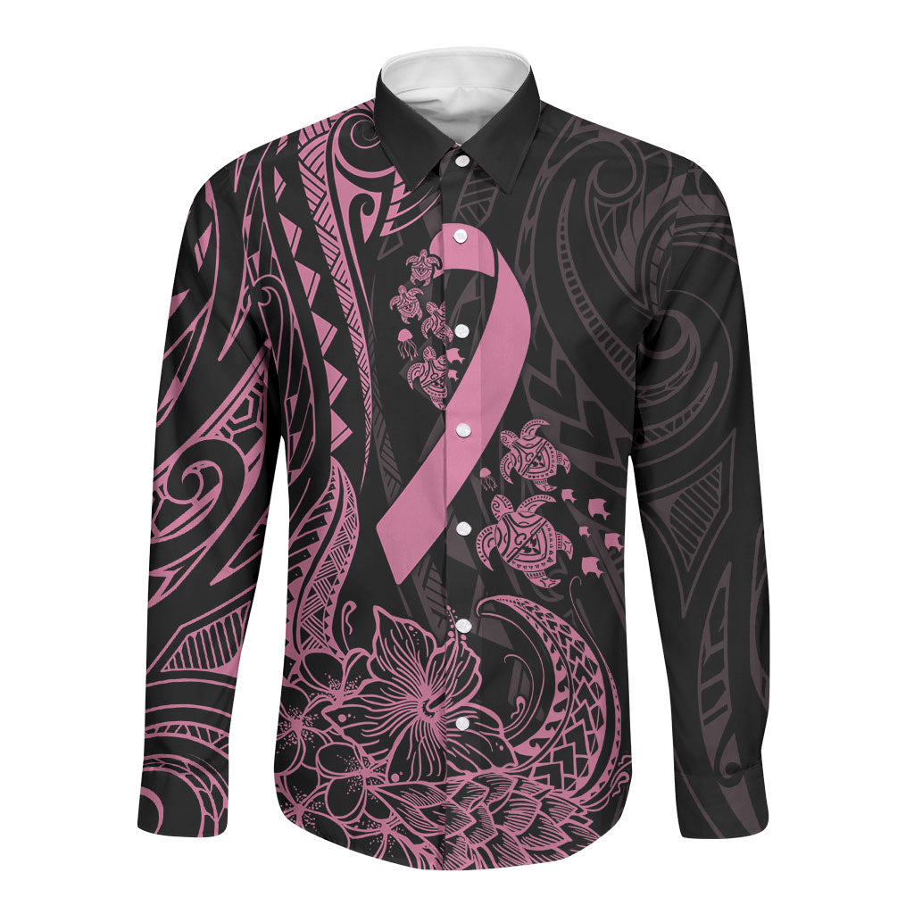 Polynesian Pink Power Long Sleeve Button Shirt Breast Cancer Ribbon Turtle and Flowers