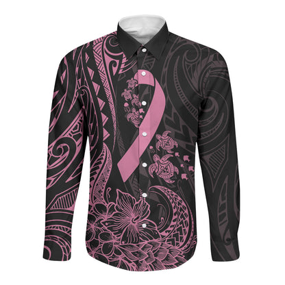 Polynesian Pink Power Long Sleeve Button Shirt Breast Cancer Ribbon Turtle and Flowers