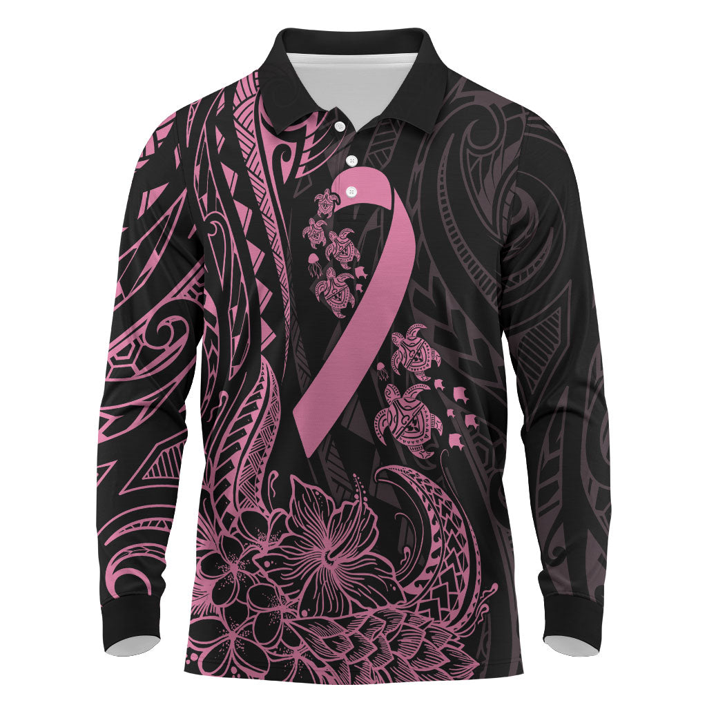 Polynesian Pink Power Long Sleeve Polo Shirt Breast Cancer Ribbon Turtle and Flowers