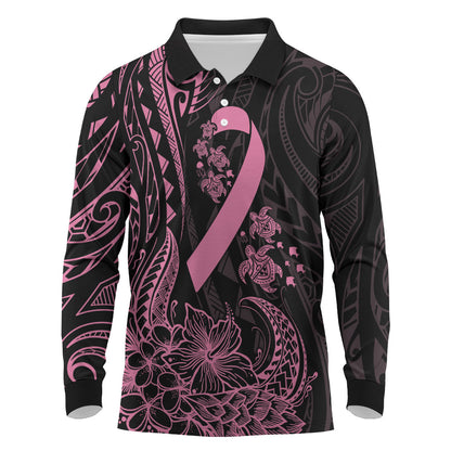 Polynesian Pink Power Long Sleeve Polo Shirt Breast Cancer Ribbon Turtle and Flowers