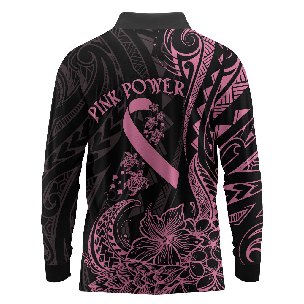 Polynesian Pink Power Long Sleeve Polo Shirt Breast Cancer Ribbon Turtle and Flowers