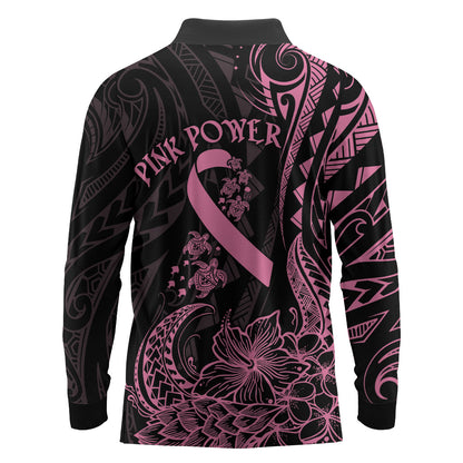 Polynesian Pink Power Long Sleeve Polo Shirt Breast Cancer Ribbon Turtle and Flowers