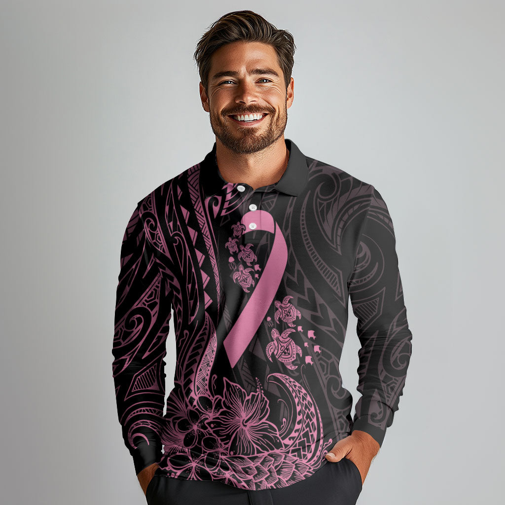 Polynesian Pink Power Long Sleeve Polo Shirt Breast Cancer Ribbon Turtle and Flowers