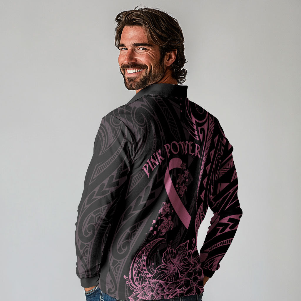 Polynesian Pink Power Long Sleeve Polo Shirt Breast Cancer Ribbon Turtle and Flowers