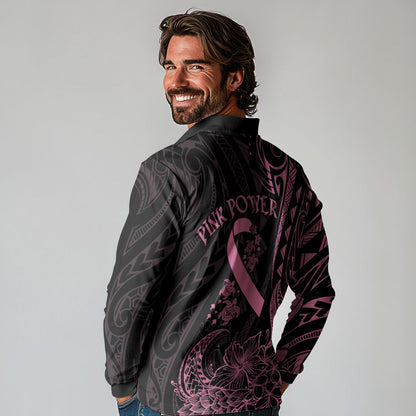 Polynesian Pink Power Long Sleeve Polo Shirt Breast Cancer Ribbon Turtle and Flowers