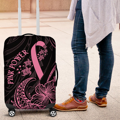Polynesian Pink Power Luggage Cover Breast Cancer Ribbon Turtle and Flowers