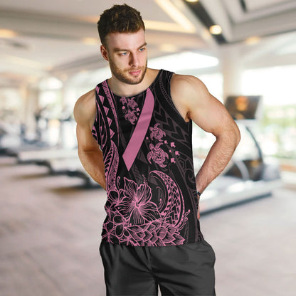 Polynesian Pink Power Men Tank Top Breast Cancer Ribbon Turtle and Flowers