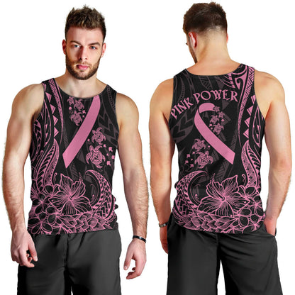 Polynesian Pink Power Men Tank Top Breast Cancer Ribbon Turtle and Flowers