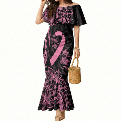 Polynesian Pink Power Mermaid Dress Breast Cancer Ribbon Turtle and Flowers