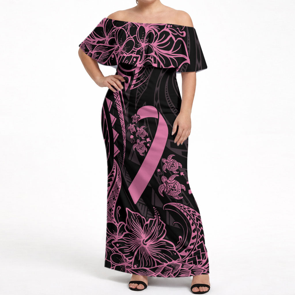 Polynesian Pink Power Off Shoulder Maxi Dress Breast Cancer Ribbon Turtle and Flowers