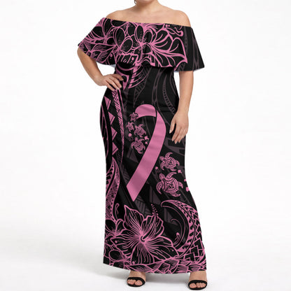Polynesian Pink Power Off Shoulder Maxi Dress Breast Cancer Ribbon Turtle and Flowers