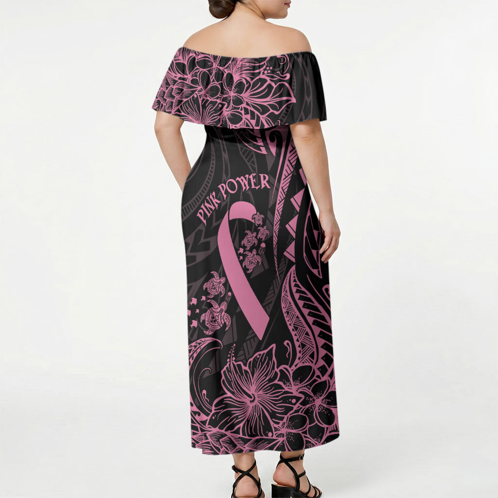 Polynesian Pink Power Off Shoulder Maxi Dress Breast Cancer Ribbon Turtle and Flowers