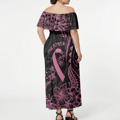 Polynesian Pink Power Off Shoulder Maxi Dress Breast Cancer Ribbon Turtle and Flowers