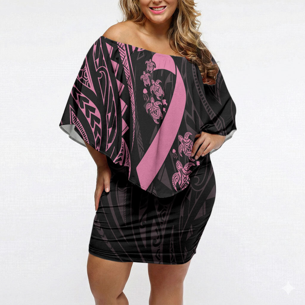 Polynesian Pink Power Off Shoulder Short Dress Breast Cancer Ribbon Turtle and Flowers