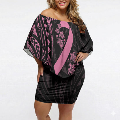 Polynesian Pink Power Off Shoulder Short Dress Breast Cancer Ribbon Turtle and Flowers